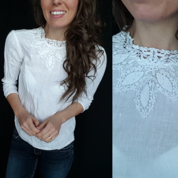 Zara Tops - ZARA white lace collar linen top XS -D9